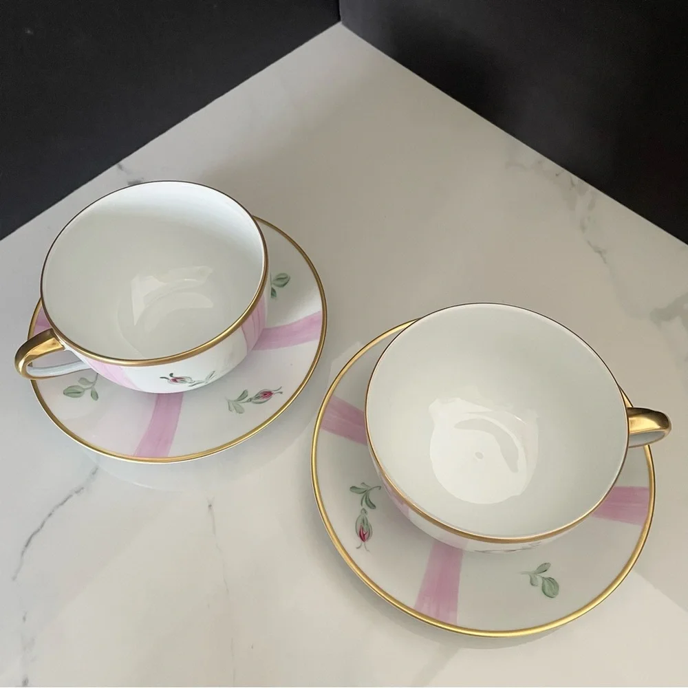 SET of 2 Pink Rose Breakfast Cups & Saucers - Marie Daage Limoges